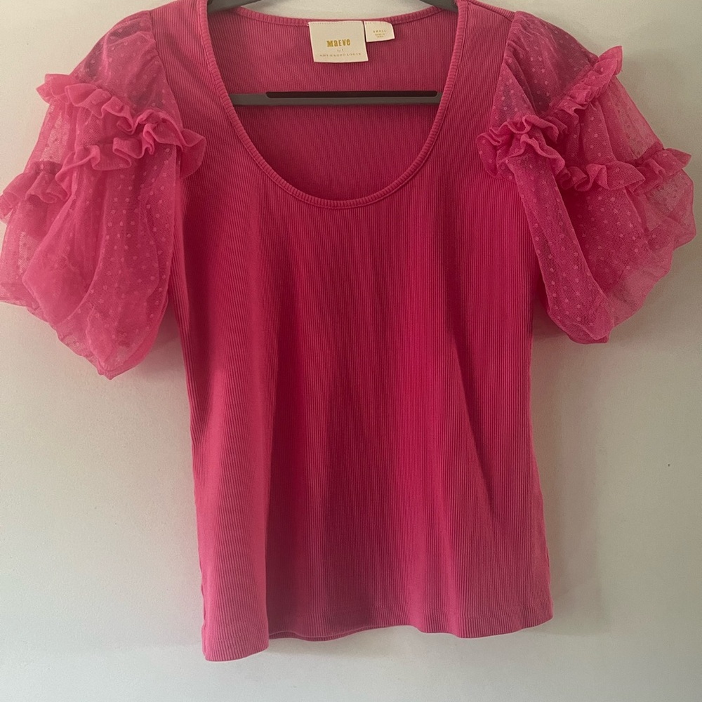 Anthropologie Pink Ruffle Sleeve Top